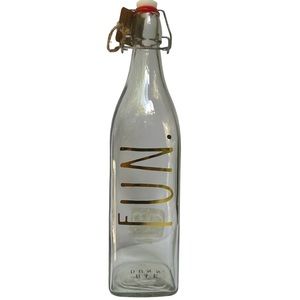 Rae Dunn FUN Clear Glass Bottle Bail & Trigger Closure Gold Letters NWT 2017 OG